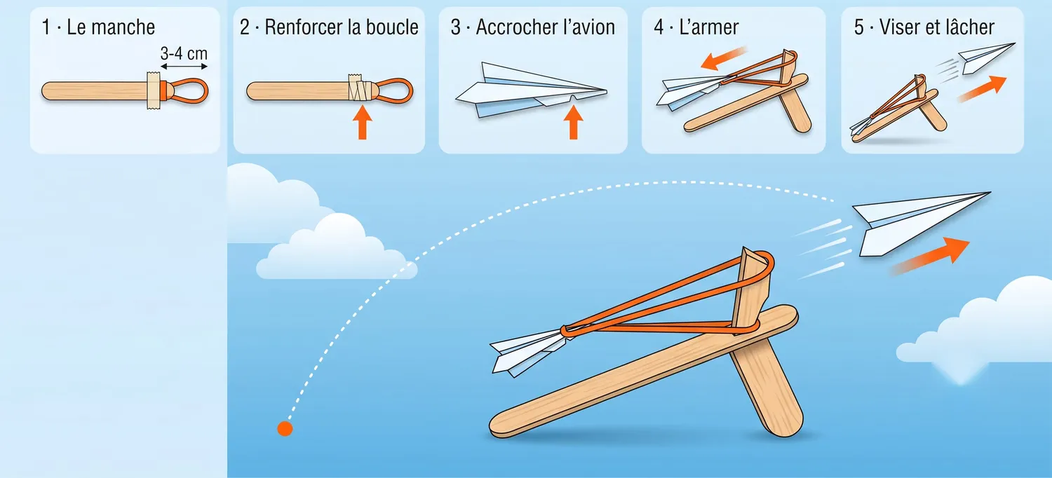 Infographie du lanceur d'avion en papier : la catapulte à élastique et ses 5 étapes de fabrication